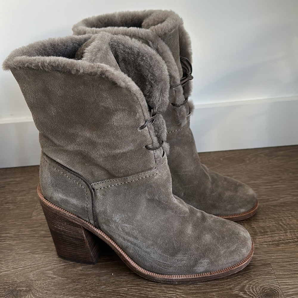 UGG Jerene High Heeled Mid Calf Suede and Fur Lined Boot